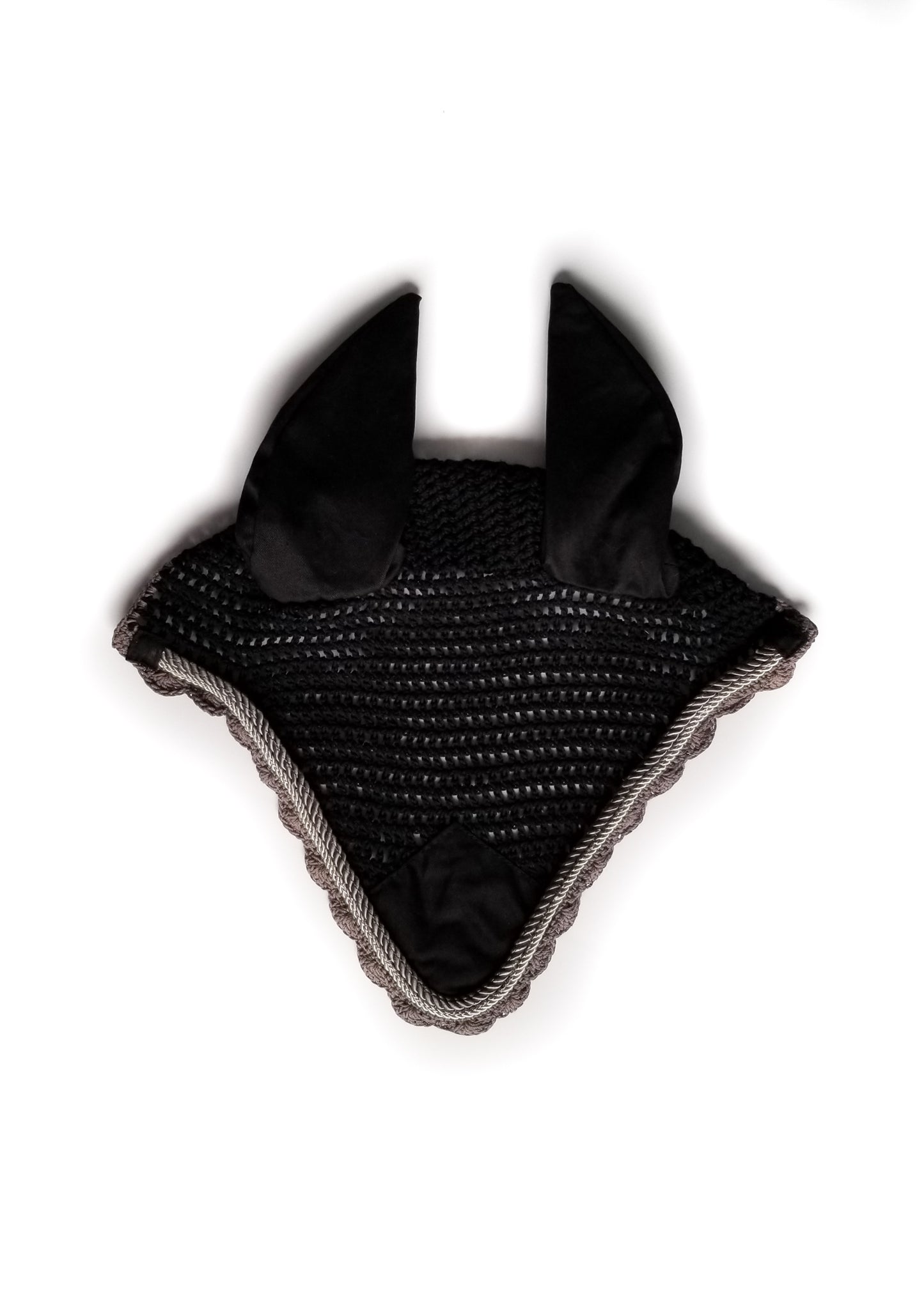 Black Scalloped Fly Bonnet with Silver and Grey Cording - Full