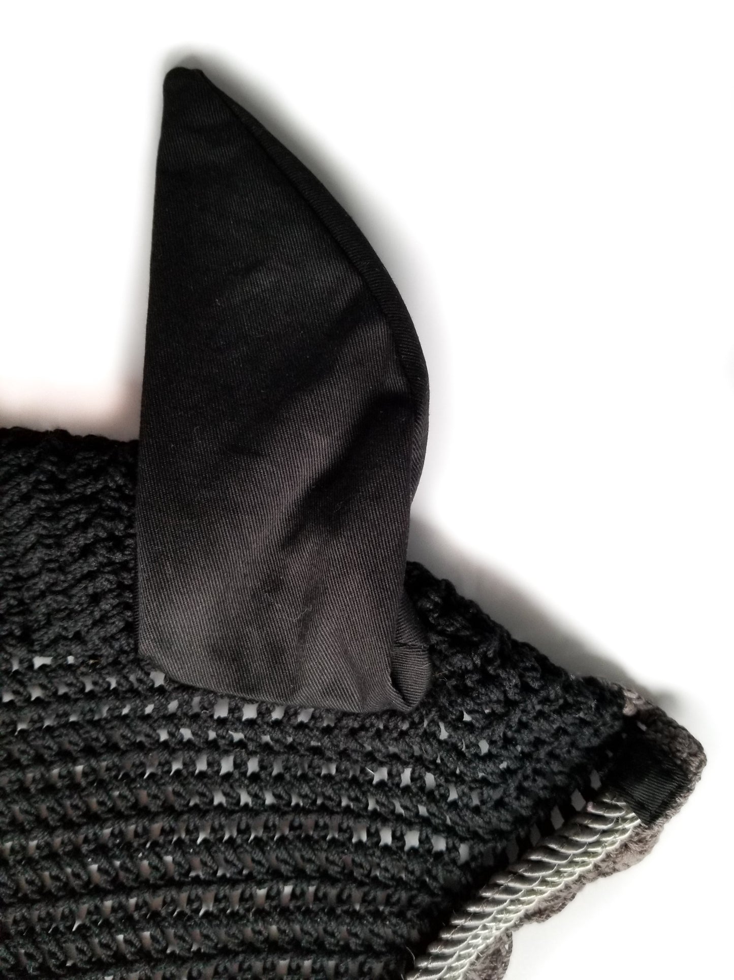 Black Scalloped Fly Bonnet with Silver and Grey Cording - Full