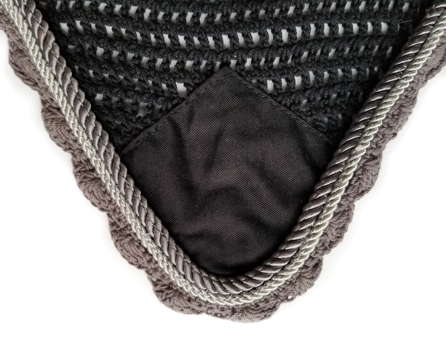 Black Scalloped Fly Bonnet with Silver and Grey Cording - Full