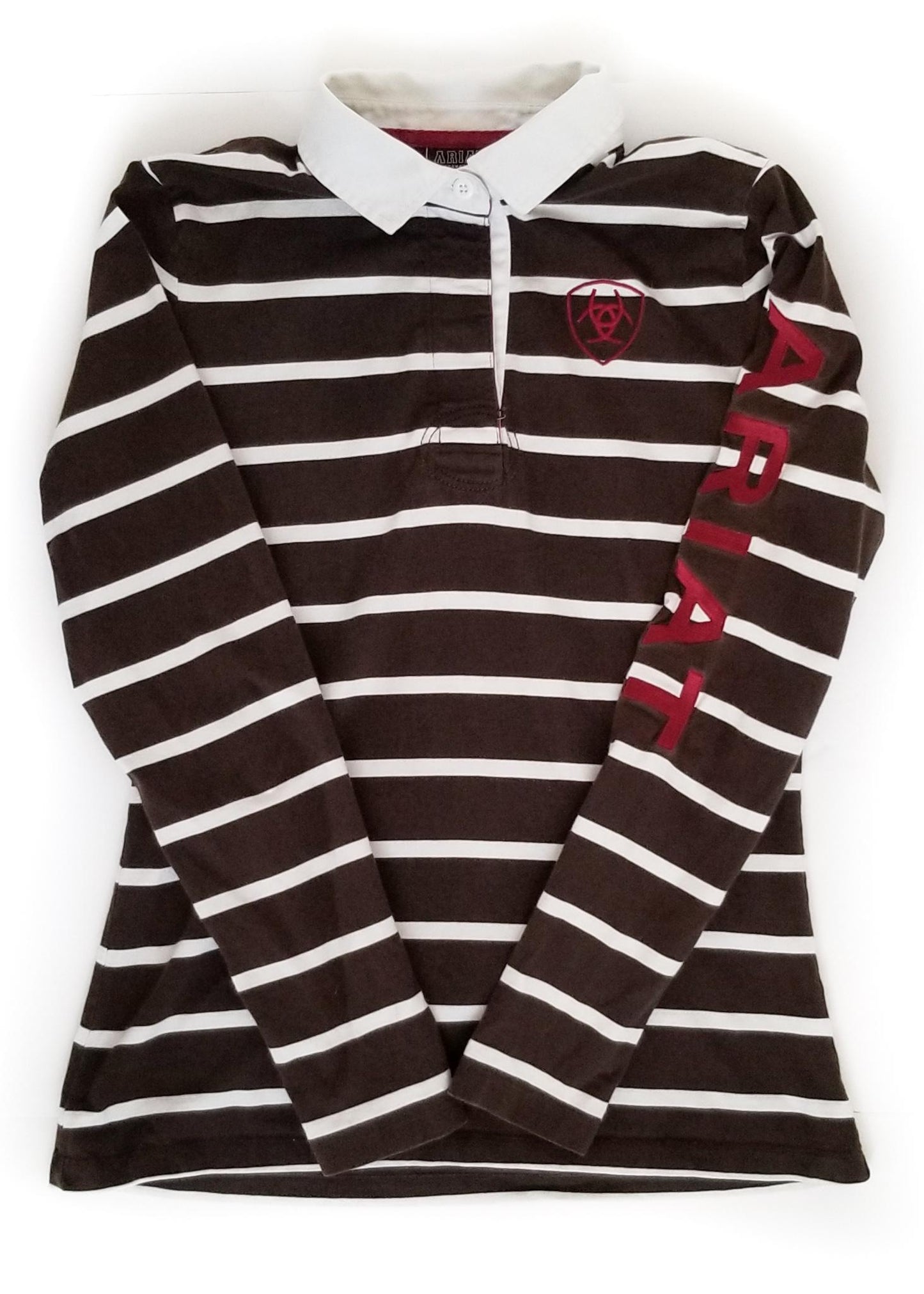 Ariat Long Sleeve Polo Shirt - Brown and White - Women's Medium