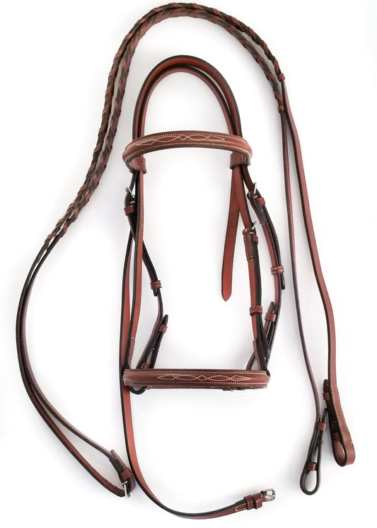 Fancy Stitched Leather Hunter Bridle w/ Reins - Chestnut - Cob