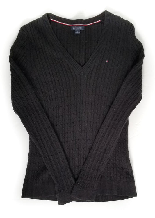 Tommy Hilfiger V Neck Cable Knit Sweater - Black - Medium