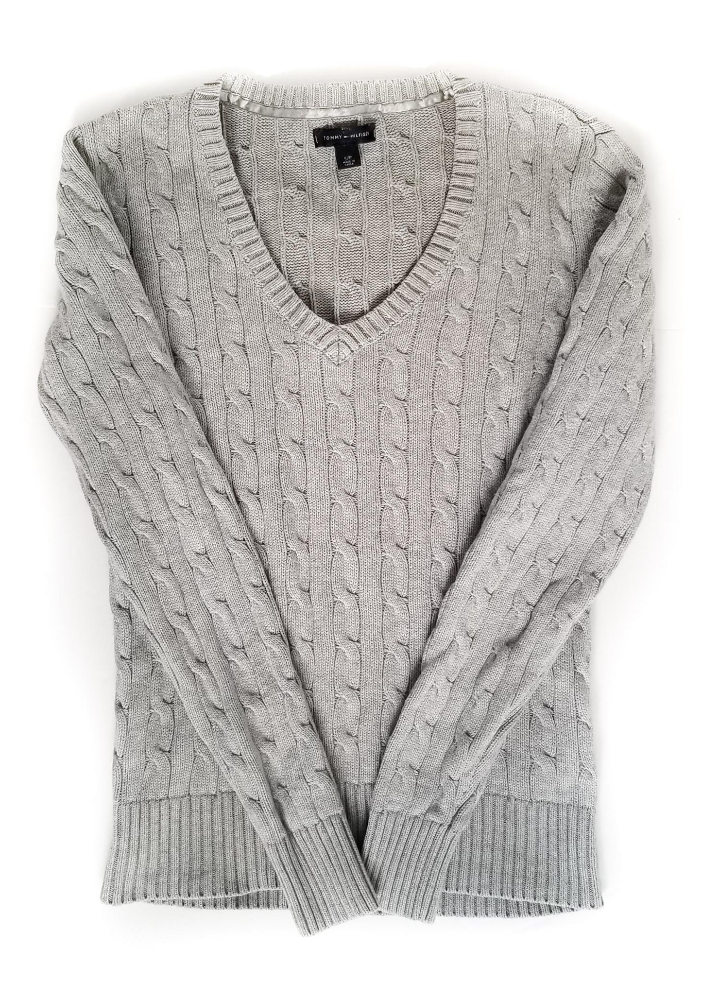 Tommy Hilfiger V Neck Cable Knit Sweater - Grey - Women's Small