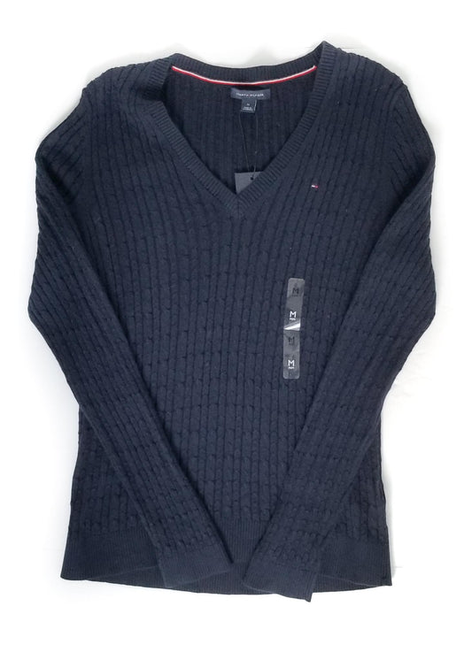 Tommy Hilfiger V Neck Cable Knit Sweater - Navy - Women's Medium